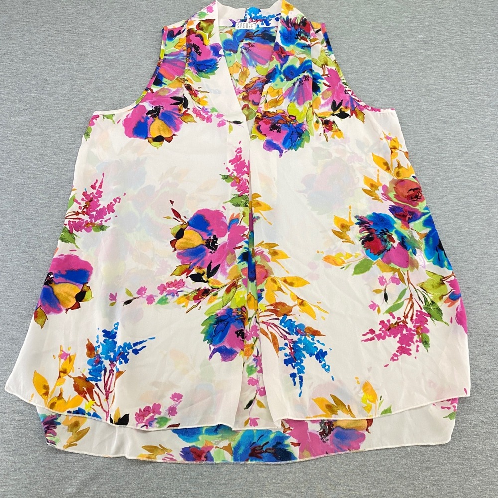 Spense Office Casual Blouse Women‎ L White Floral Sleeveless V-Neck High Flowy